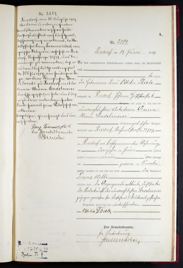 1909 Geburtseintrag Tummoscheit, Franz Willi Jr.