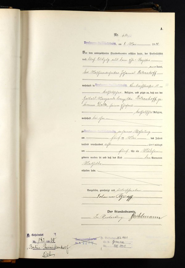 1908 Geburtseintrag der Mathilde Ritzenhoff