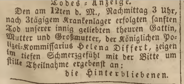 1840 - Todesanzeige DIFFERT (geb. Kinast), Johanne Helene